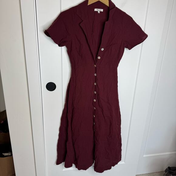 Madewell Crinkle Cotton Button Front Midi Dress Collared Cabernet Red Size 0 - Picture 2 of 6